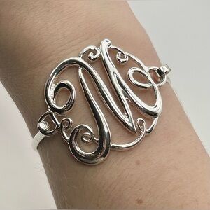 Silver Tone Monogram Script Letter “M” Hinged Bangle Bracelet